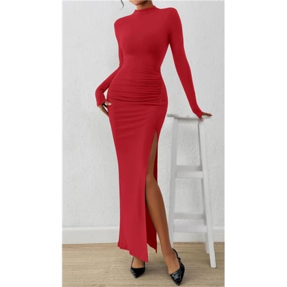 Women's Formal Dress Long Sleeve Mock Neck Red - Picture 6 of 7